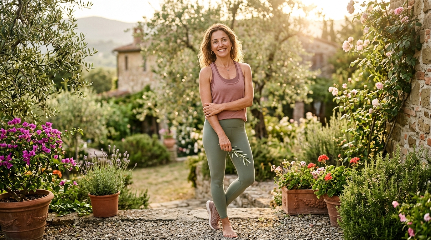 Beatrice, sorella di Elena, serena ed energica in un giardino toscano