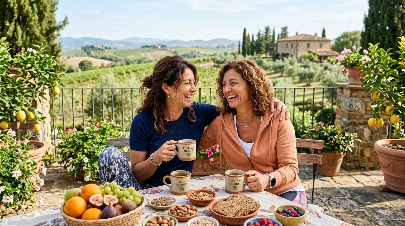 Elena e Beatrice che ridono insieme gustando una tisana in una terrazza panoramica