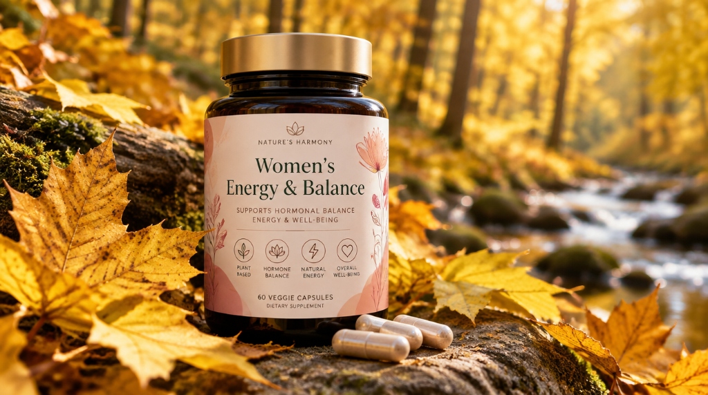 Nature's Harmony Women's Energy & Balance flacone integratore tra foglie autunnali