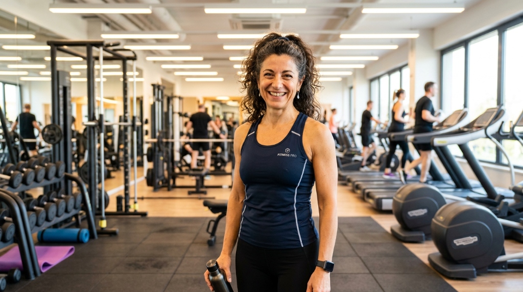 Elena Rossi, preparatrice atletica 47 anni, sorridente in palestra